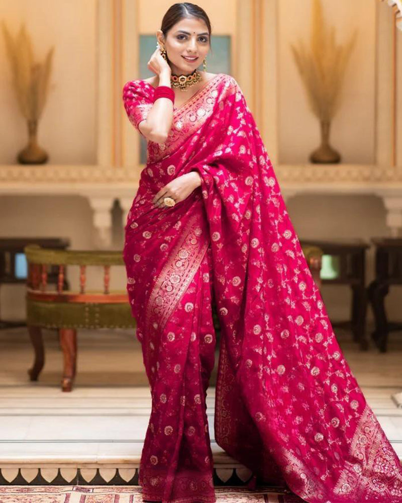 Designer Rani Pink Color Zari Work Banarasi Silk Saree