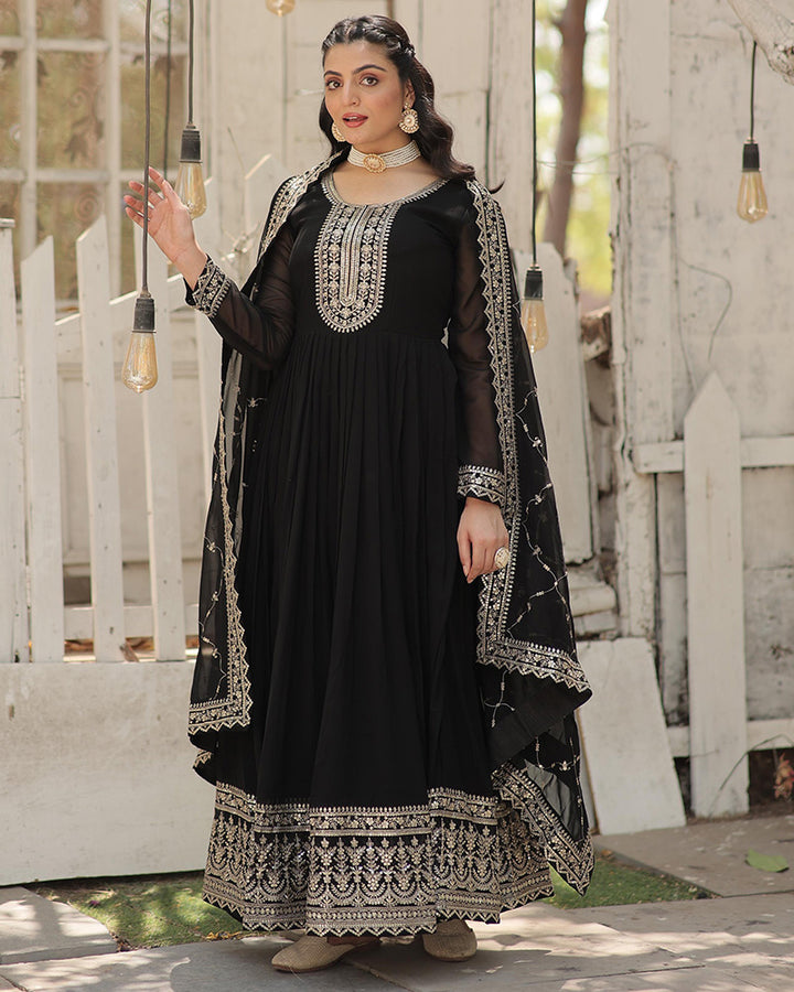 Exclusive Design Black Color Anarkali Gown With Sequence Embroidery Dupatta