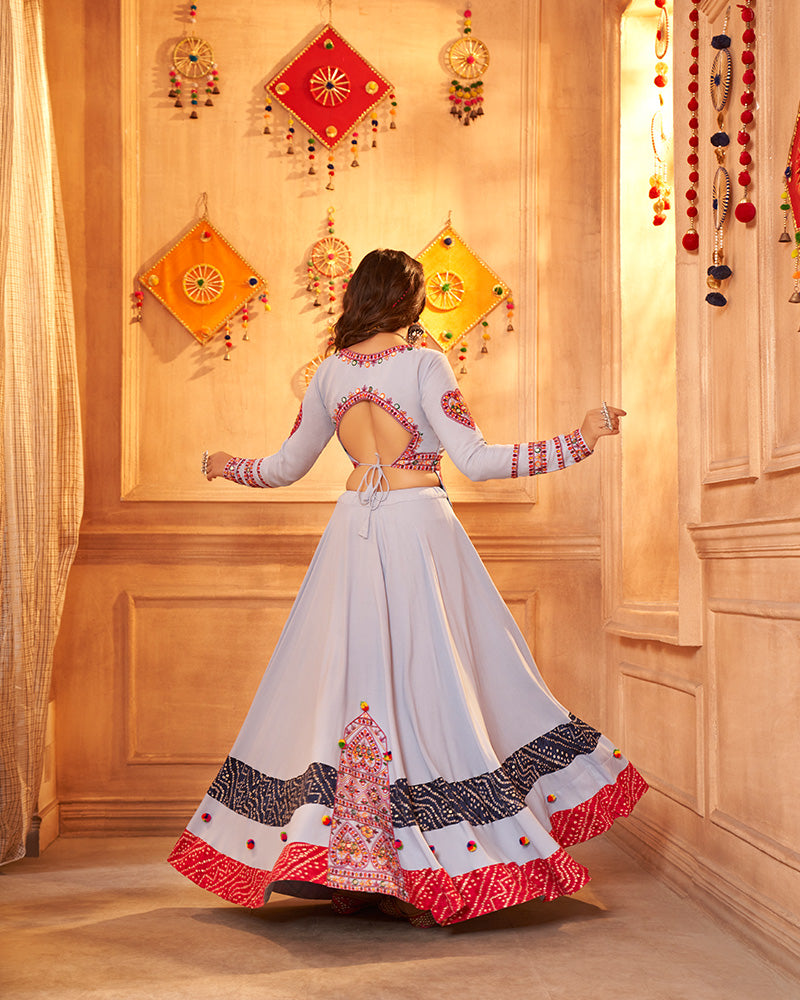 Sky Color Viscose Rayon And Real Mirror Work Navratri Lehenga Choli