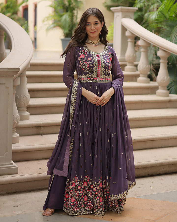 Lavender Color Georgette Embroidered Sharara Suit