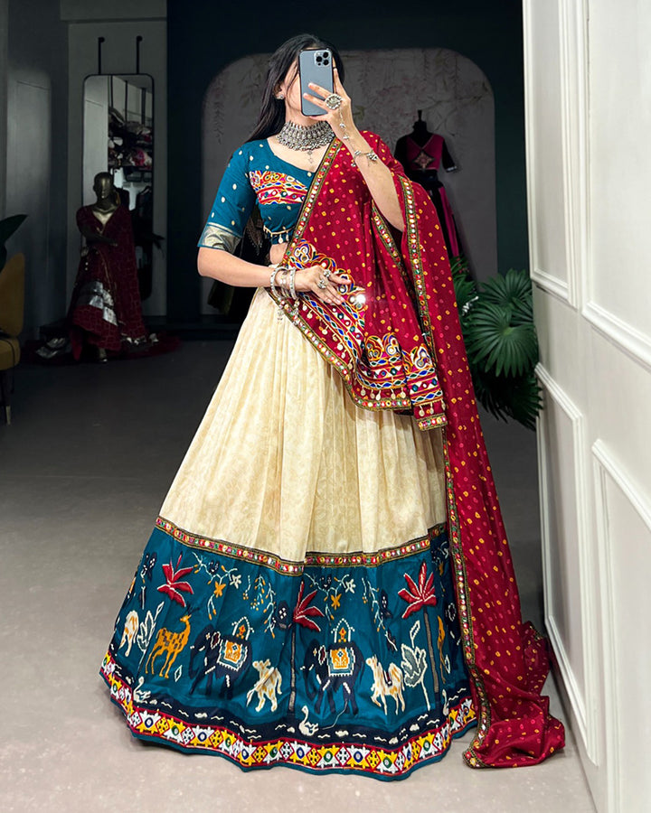 Firozi Color Dola Silk Foil Printed Navratri Lehenga Choli