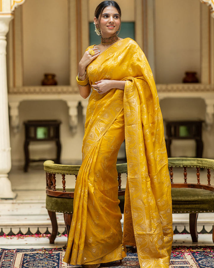 Designer Yellow Color Jacquard Weaving Banarasi Silk Saree