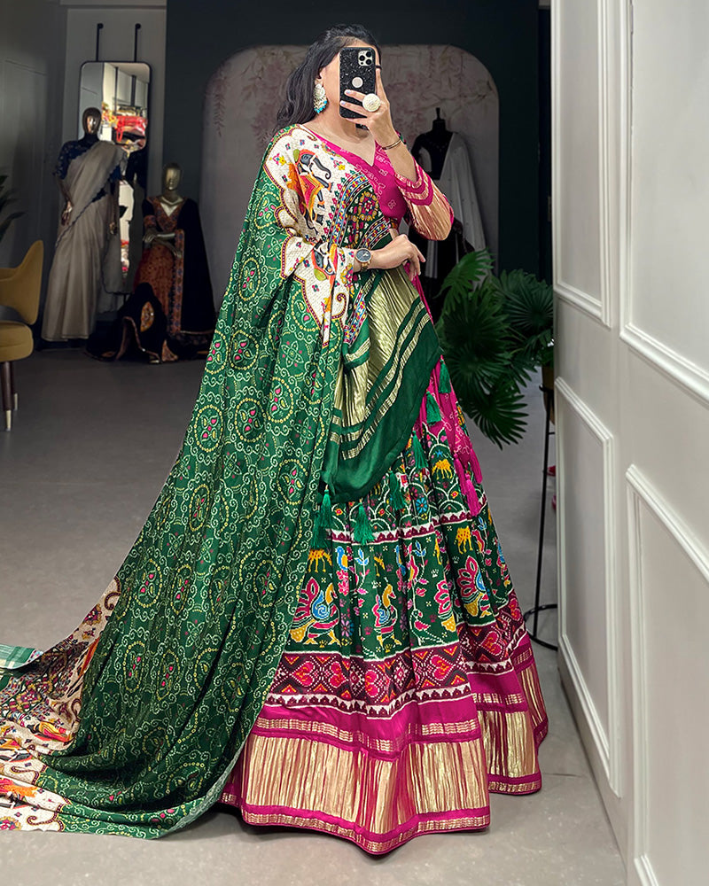 Pink Gaji Silk Lehenga Choli With Green Dupatta