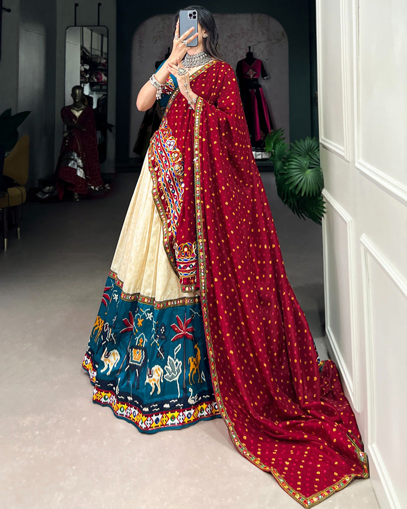 Firozi Color Dola Silk Foil Printed Navratri Lehenga Choli