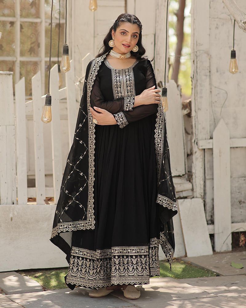 Exclusive Design Black Color Anarkali Gown With Sequence Embroidery Dupatta