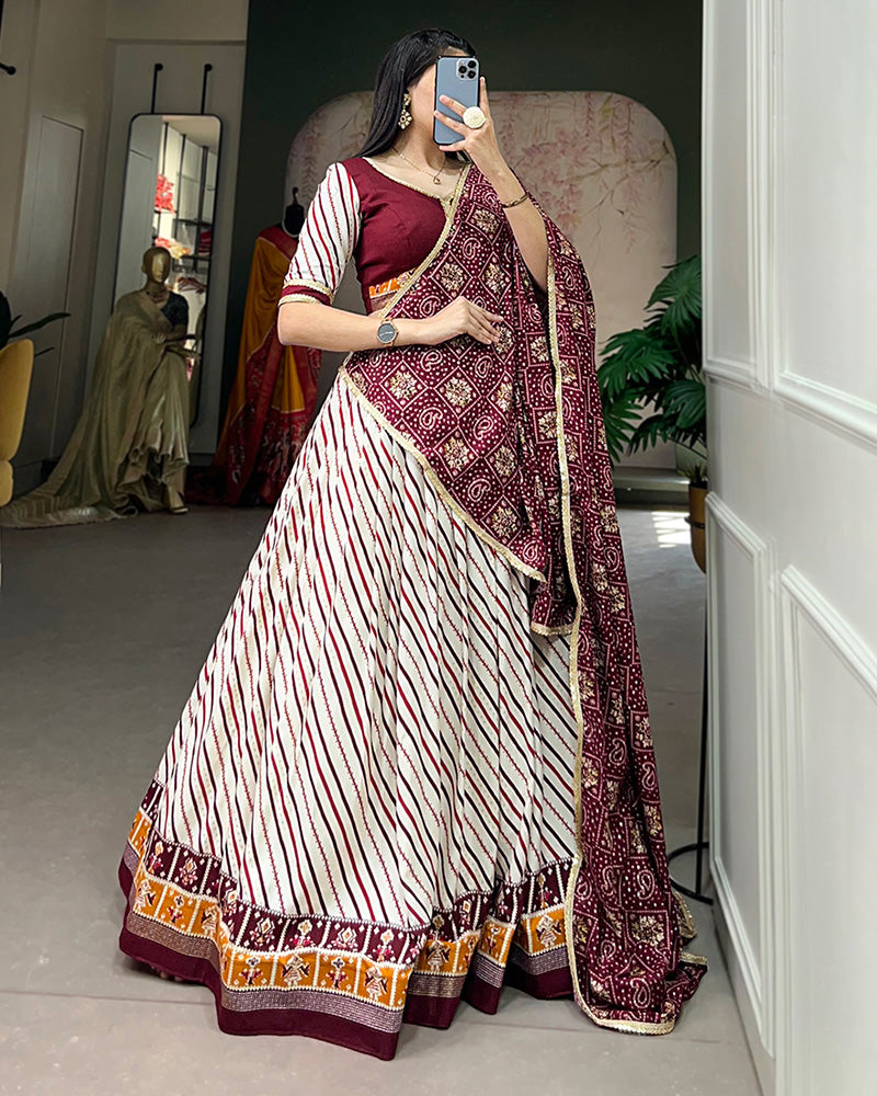 Laheriya And Patola Print Wine Color Cotton Fully Stitched Lehenga Choli