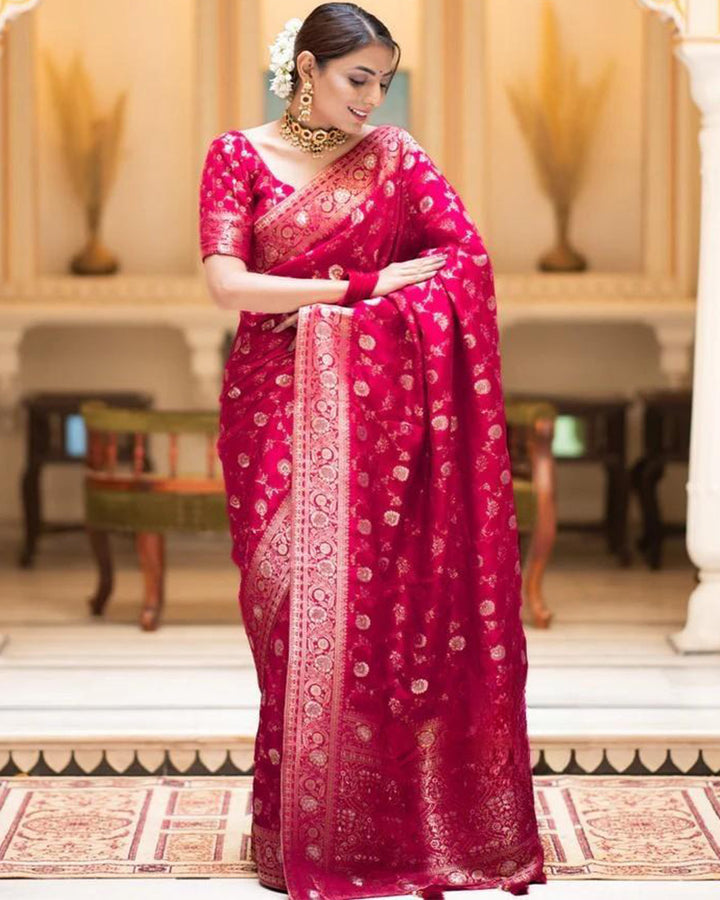 Designer Rani Pink Color Zari Work Banarasi Silk Saree