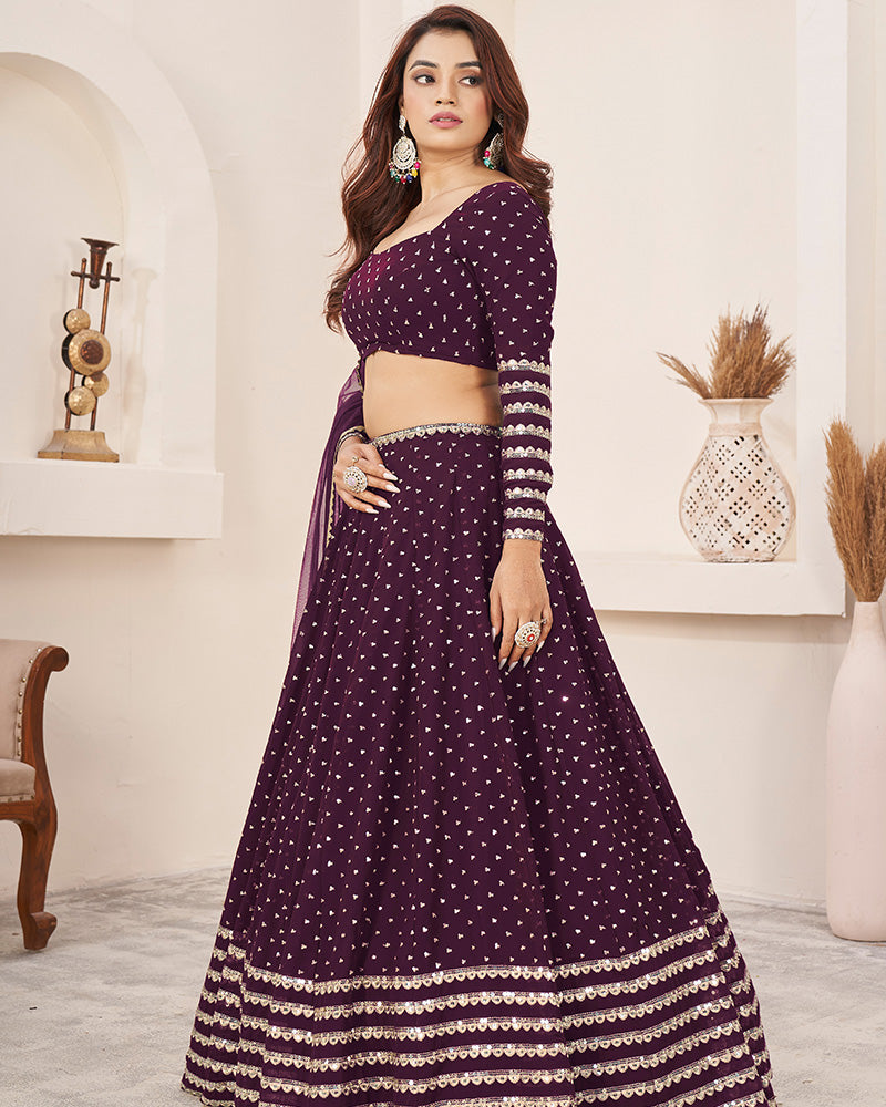 Wine Color Georgette Lehenga Choli With Net Dupatta