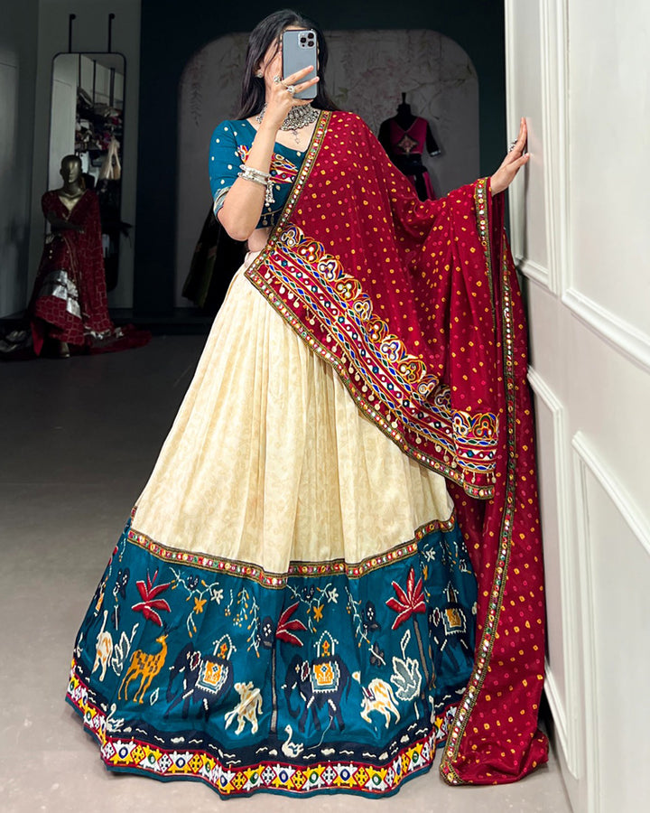 Firozi Color Dola Silk Foil Printed Navratri Lehenga Choli