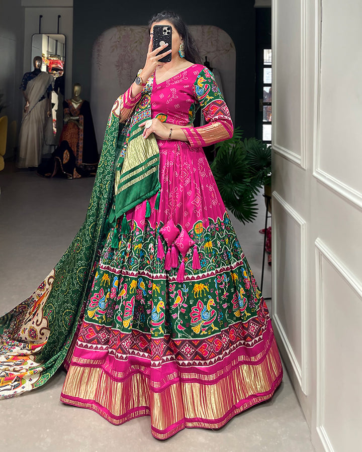 Pink Gaji Silk Lehenga Choli With Green Dupatta