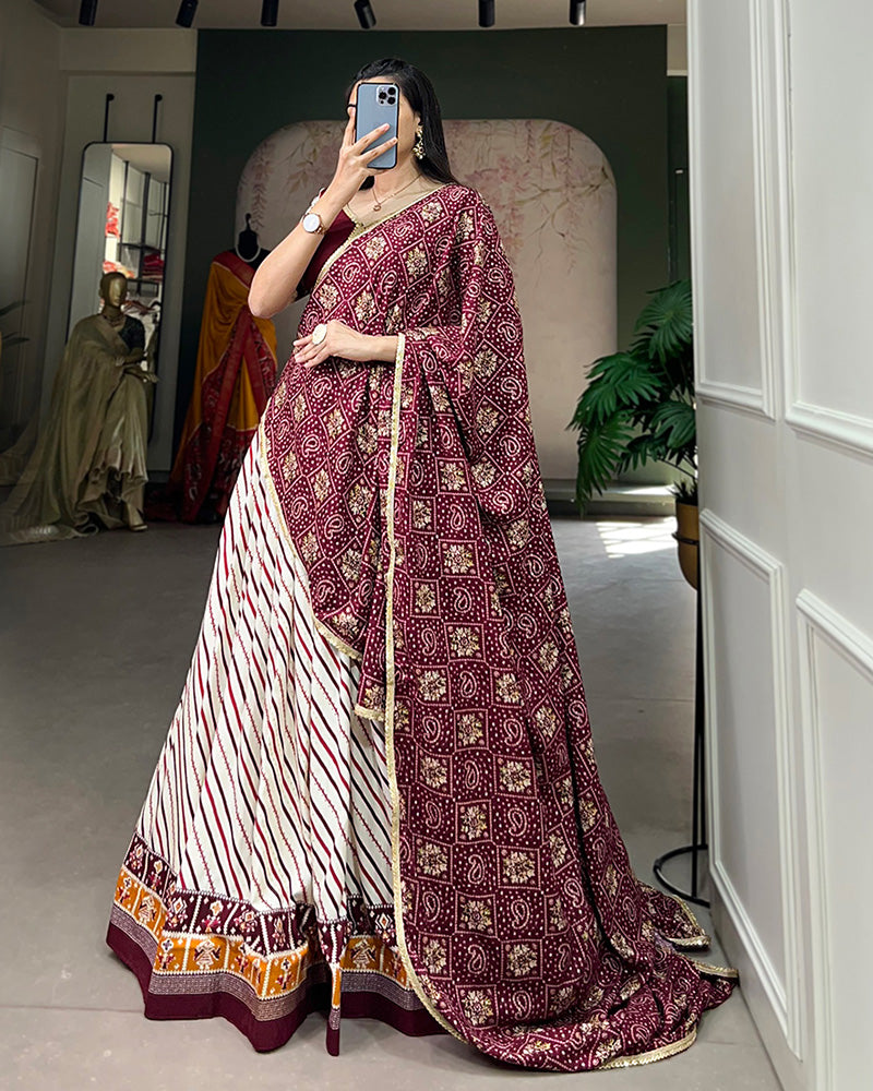 Laheriya And Patola Print Wine Color Cotton Fully Stitched Lehenga Choli