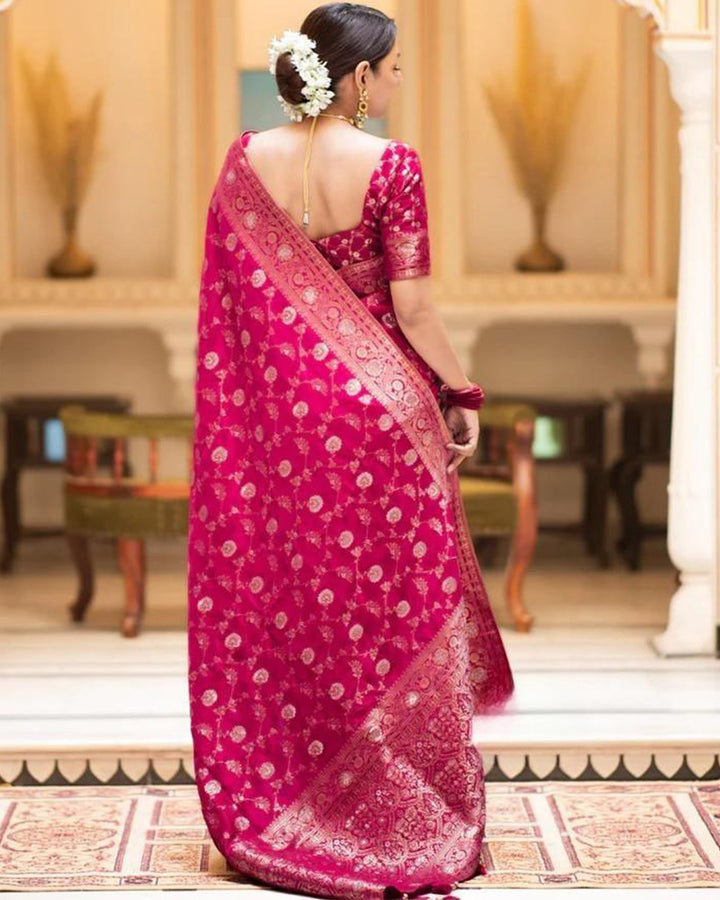 Designer Rani Pink Color Zari Work Banarasi Silk Saree