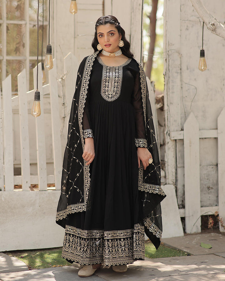 Exclusive Design Black Color Anarkali Gown With Sequence Embroidery Dupatta