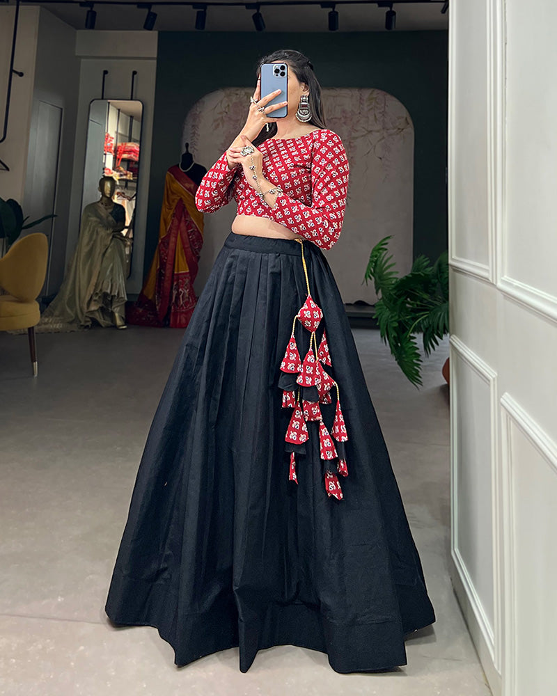 Red and Black Color Cotton Crop Top Lehenga Choli