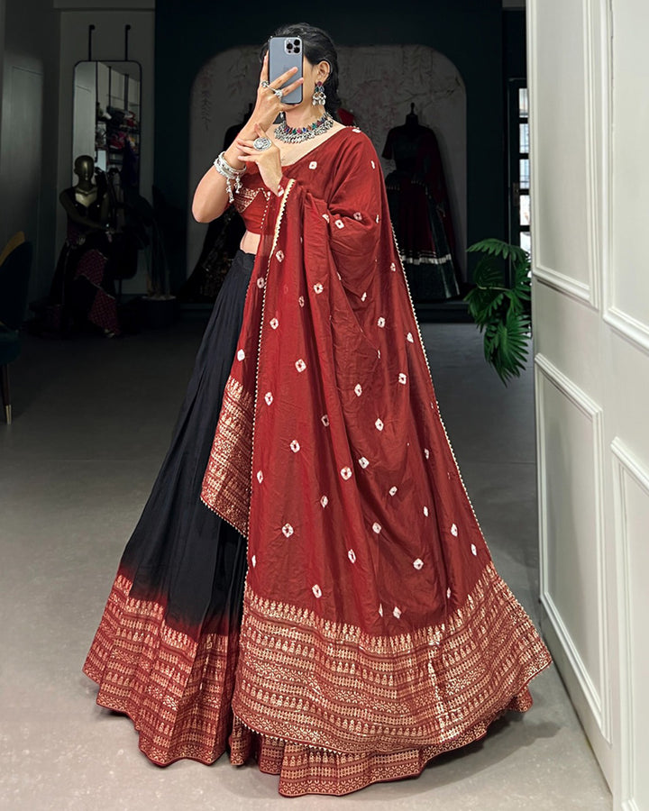 Black Color Chanderi Navratri lehenga Choli With Bandhej Dupatta