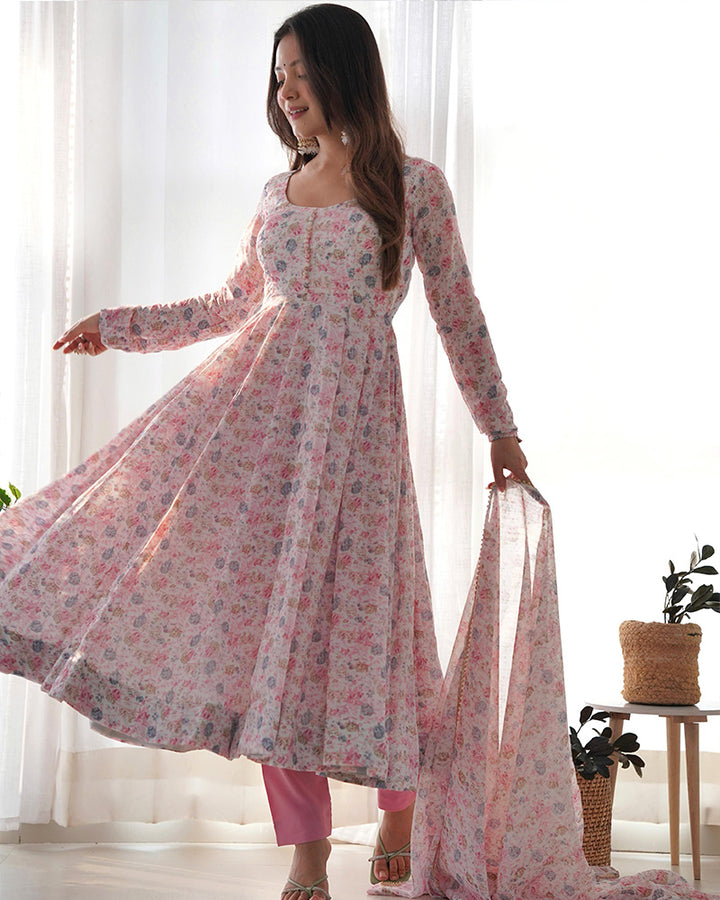 Baby Pink Color Floral Printed Chiffon Three Piece Anarkali Suit