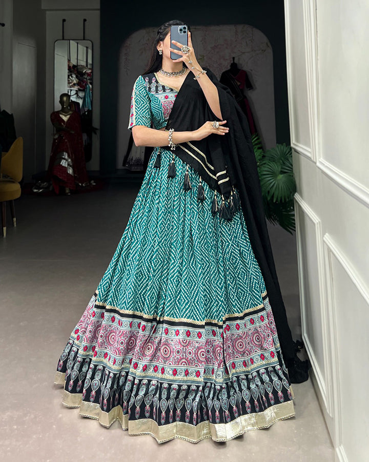 Bottle Green Color Rayon Ajarakh Printed Navratri Lehenga Choli