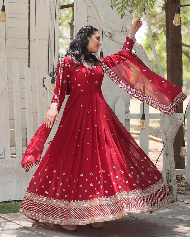 Maroon Color Georgette Gown With Embroidered Dupatta