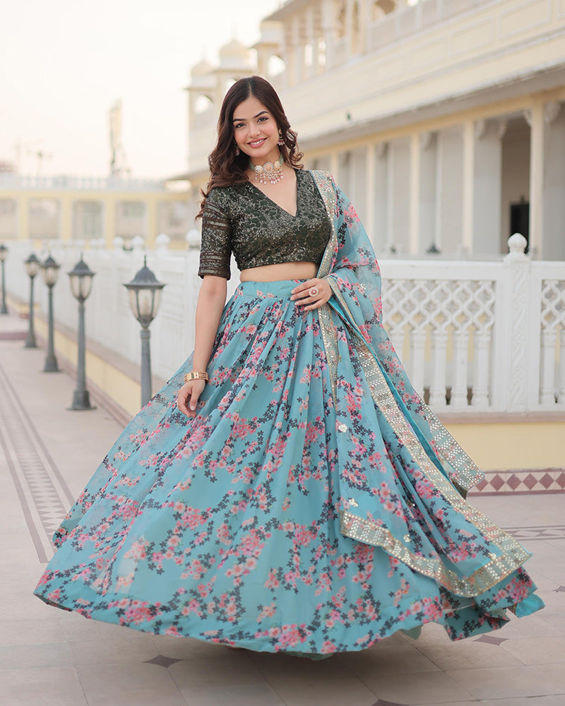 Designer Sky Blue Russian Silk Printed Lehenga Choli