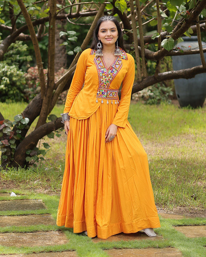 Navratri Special Mustard Color Reyon Designer Koti Style Gown