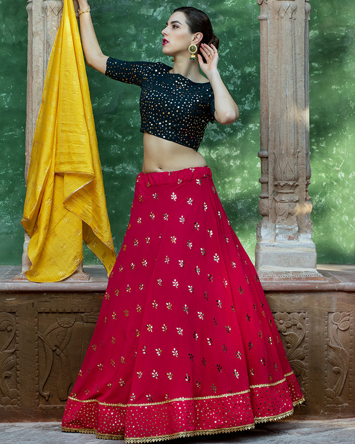 Rani Pink, Yellow, Dark Green Color Designer Georgette Lehenga Choli