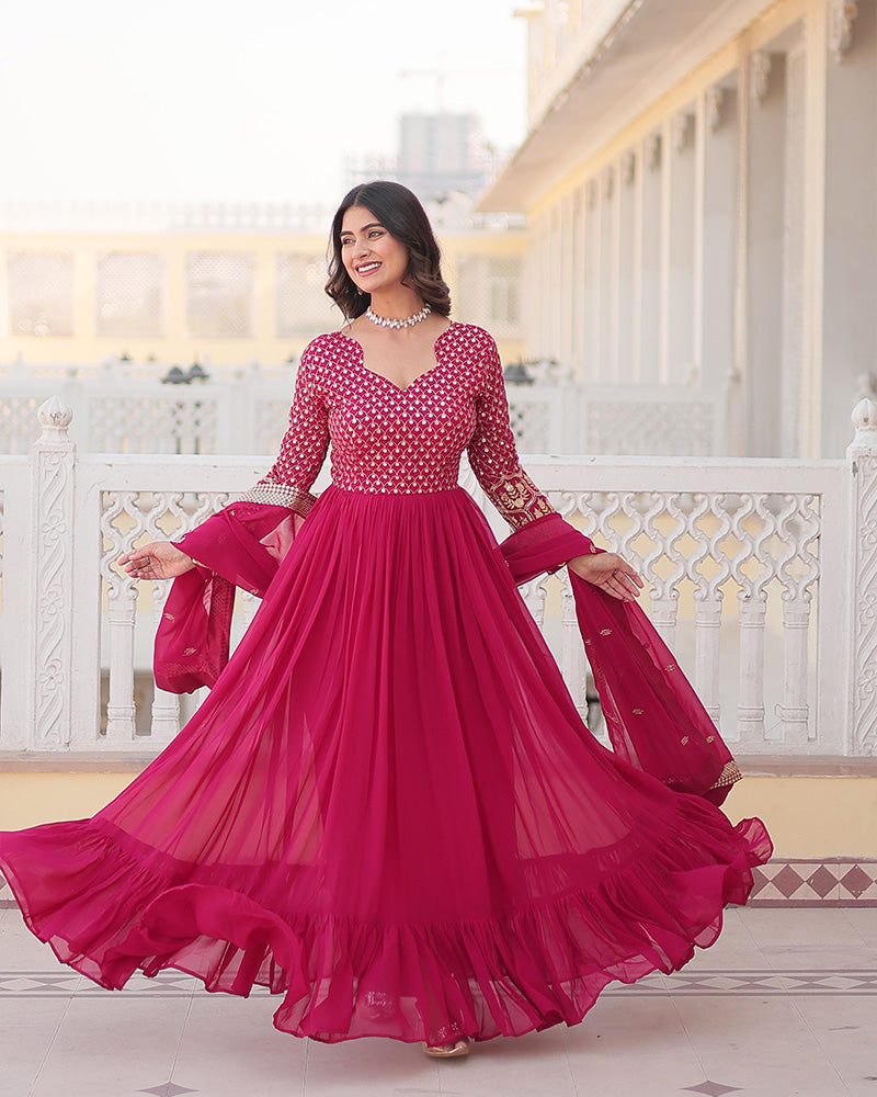 Beautiful Rani Pink Color Blooming Anarkali Gown With Embroidered Dupatta