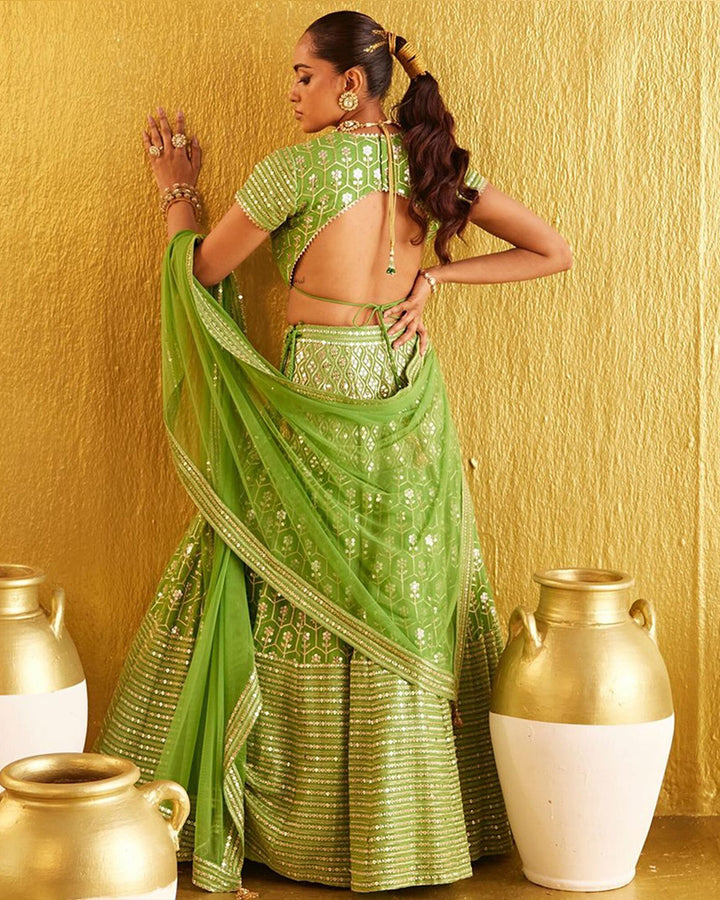 Parrot Green Color Banglori Silk Embroidery Lehenga Choli