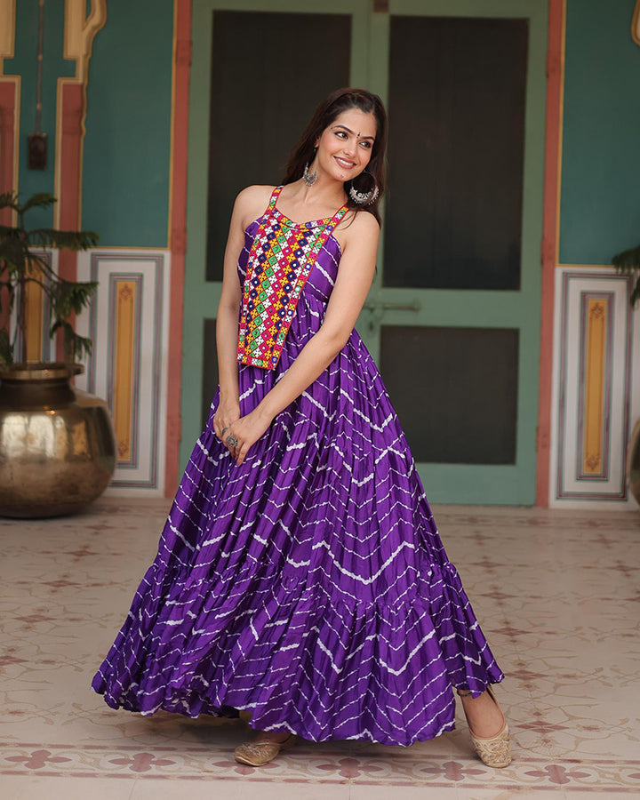 Navratri Special Purple Color Chinon Laheriya Gown