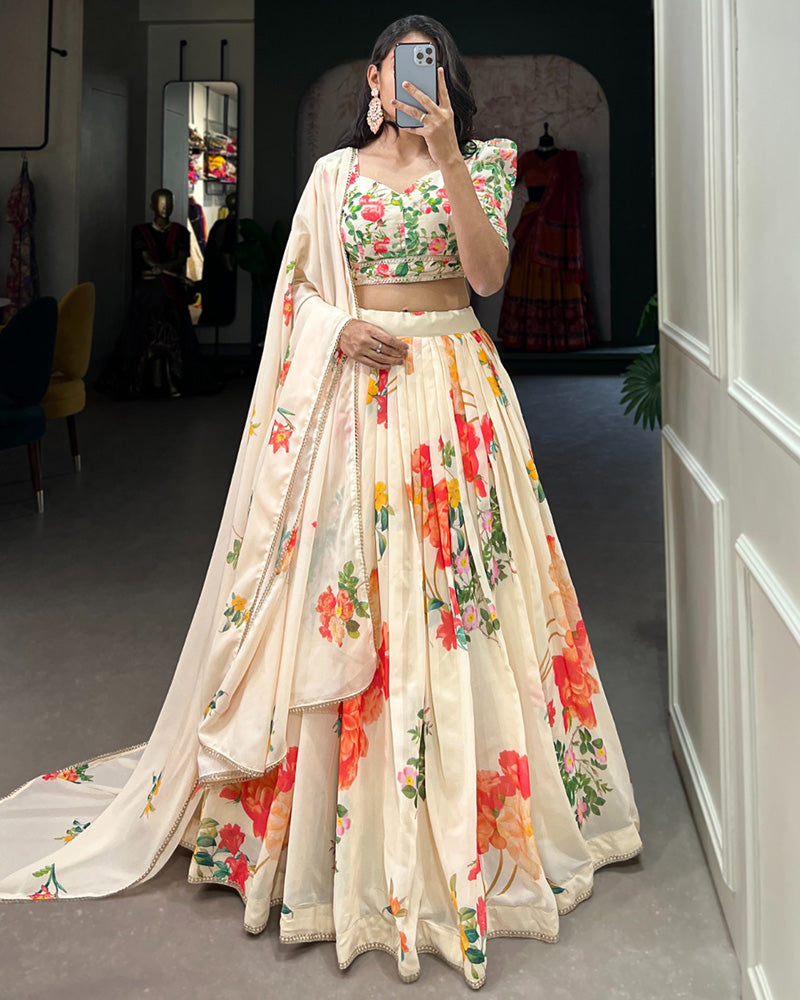 Designer Cream Color Floral Printed Lehenga Choli