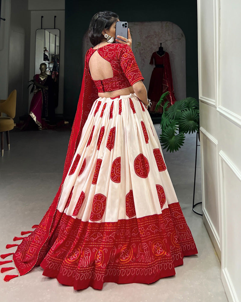 Bandhej Print Red Color Tussar Silk Lehenga Choli