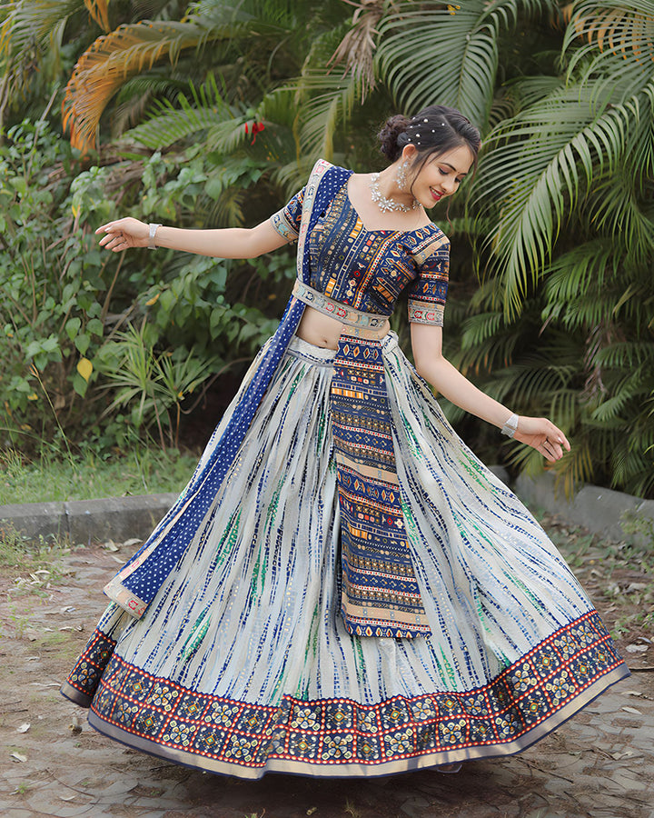 Off White-Blue Color Cotton Shibori Print Wedding Lehenga Choli