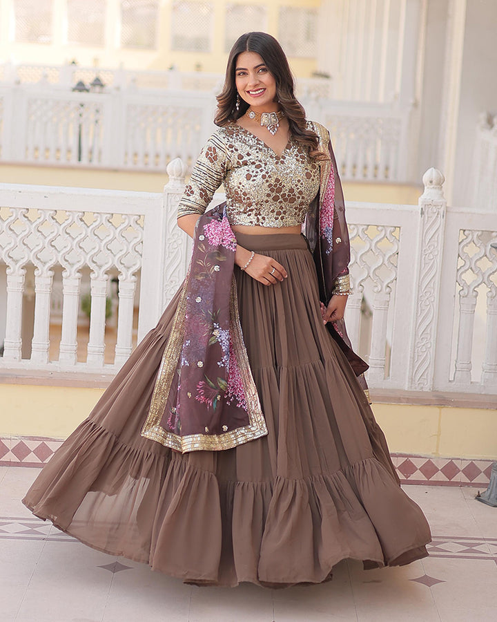 Designer Chocolate Color Faux Georgette Three Layer Lehenga Choli