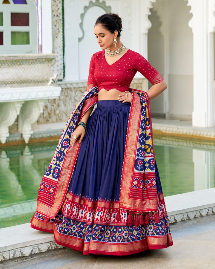 Patola Printed Navy Blue Color Tussar Silk Lehenga Choli