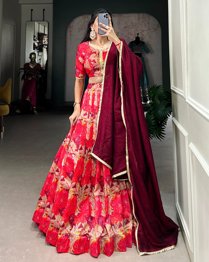 Printed Red Color Tussar Silk Lehenga Choli