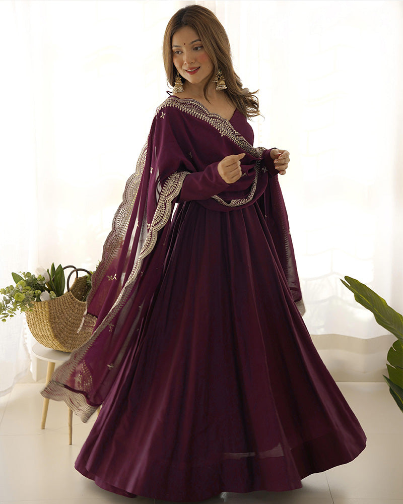 Wine Color Chanderi Silk Three Piece Anarkali Suit