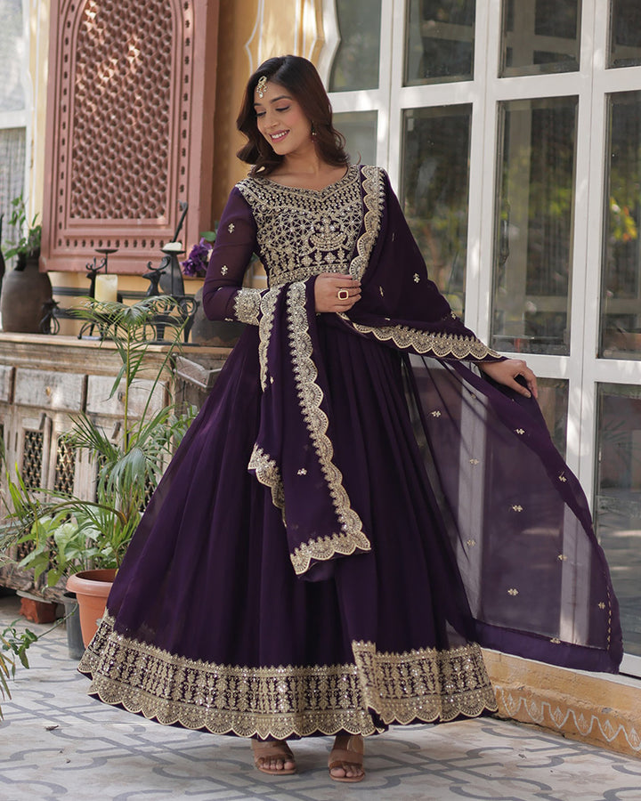 Designer Violet Color Gown With Sequence Embroidered Dupatta