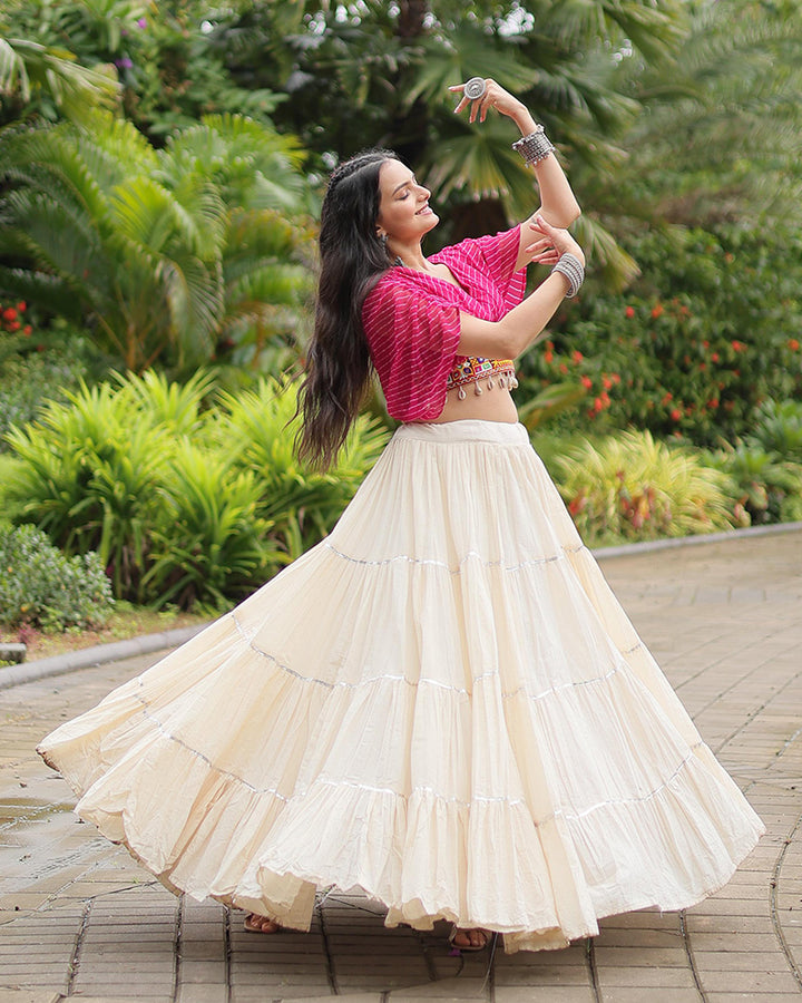 Pink Color Choli With Off-White Kora Cotton Lehenga