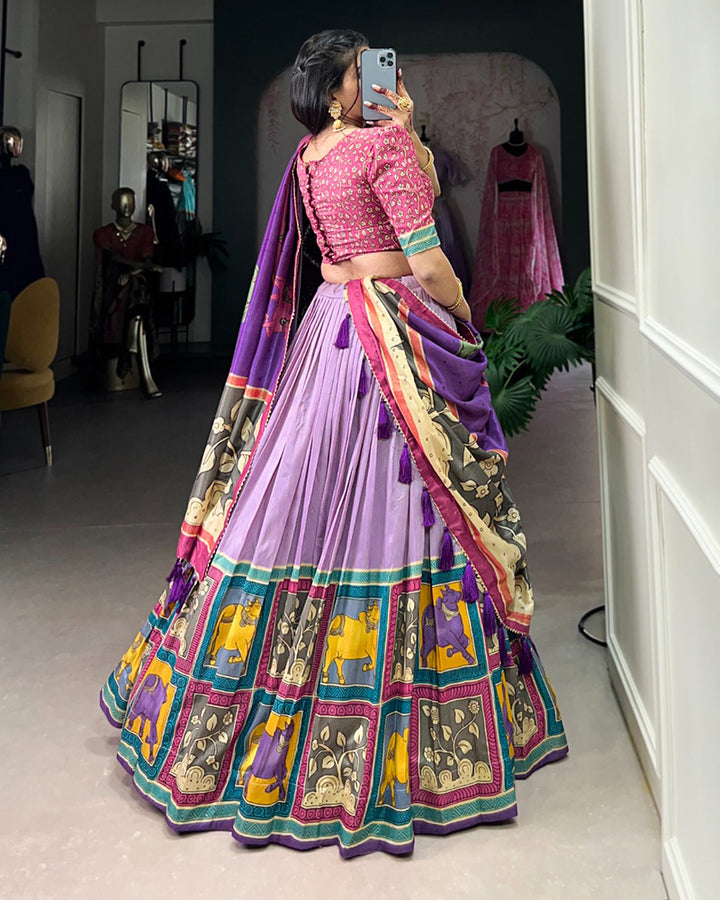 Kalamkari Printed Lavender Color Tussar Silk Lehenga Choli