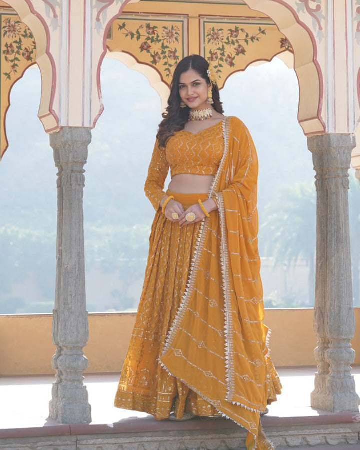 Latest Design Yellow Color Georgette Semi Stitched Lehenga Choli