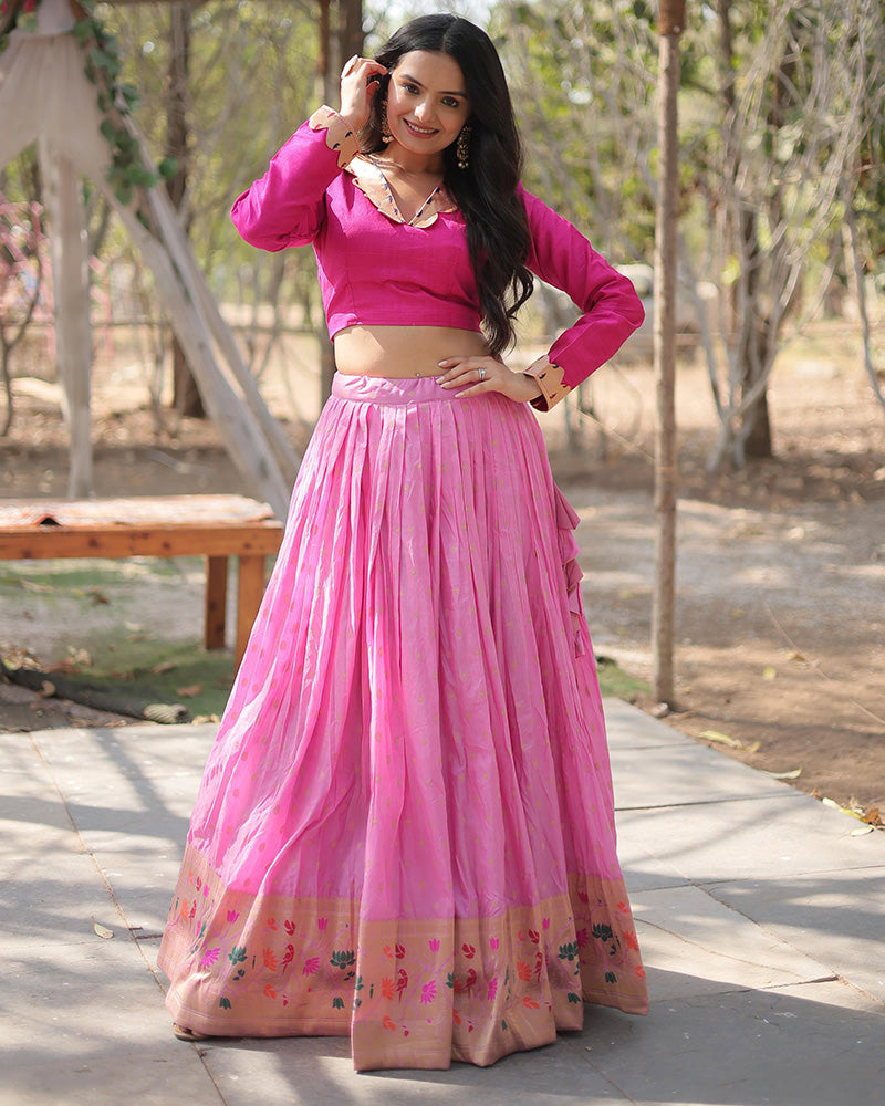 Pink Color Jacquard Crop Top Lehenga Choli