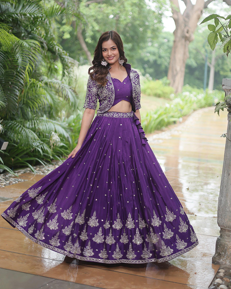 Dark Purple Color Pure Chinon Embroidered Lehenga Choli