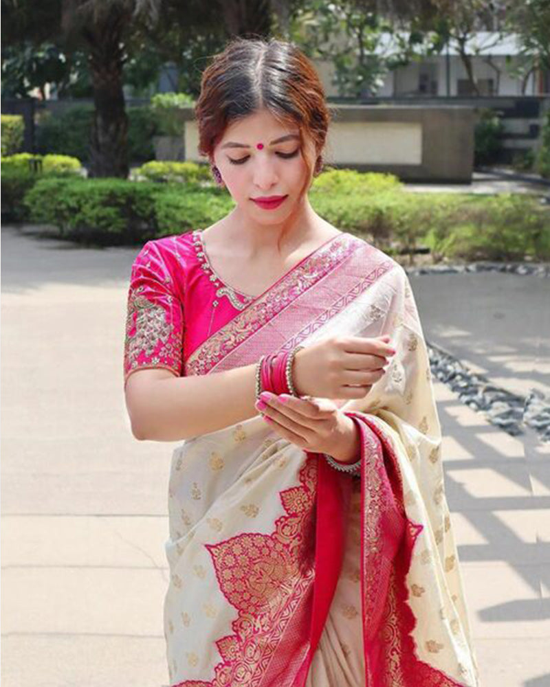 Designer Pink And Cream Color Jacquard Banarasi Silk Saree