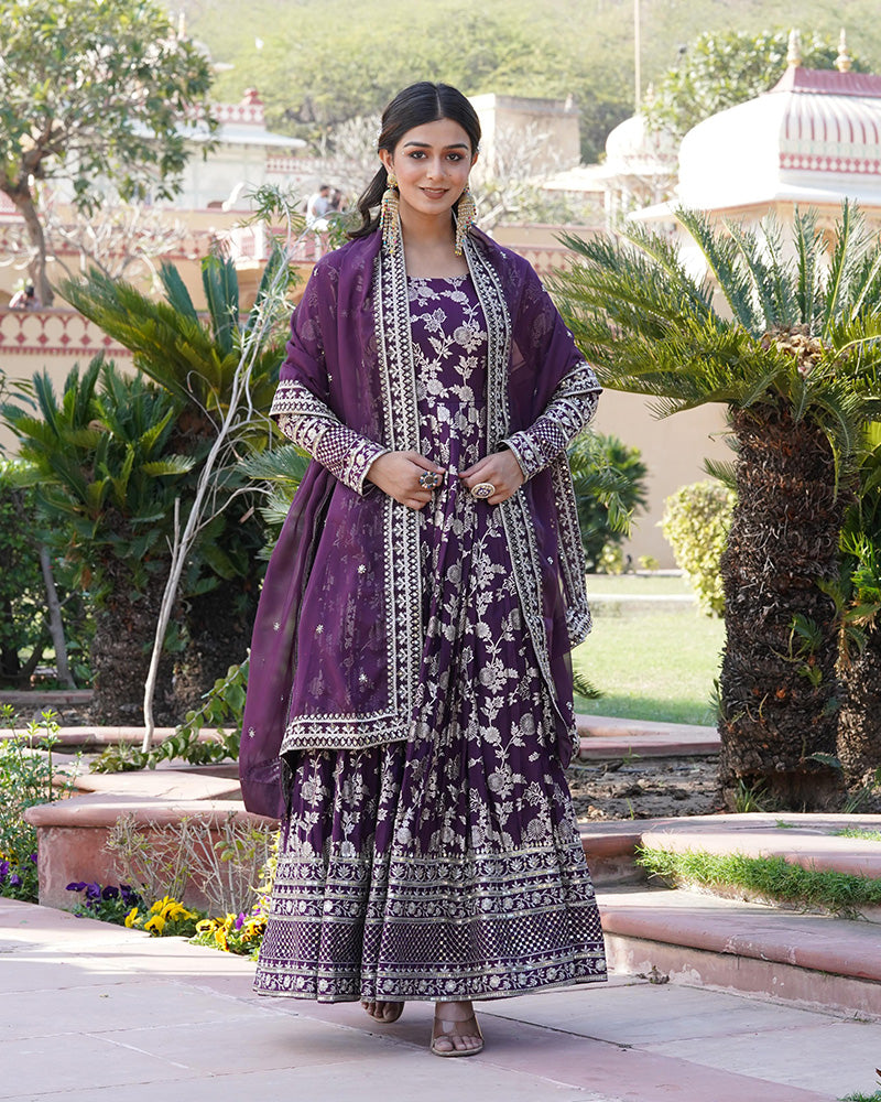 Beautiful Wine Color Viscose Jacquard Gown With Russian Silk Dupatta