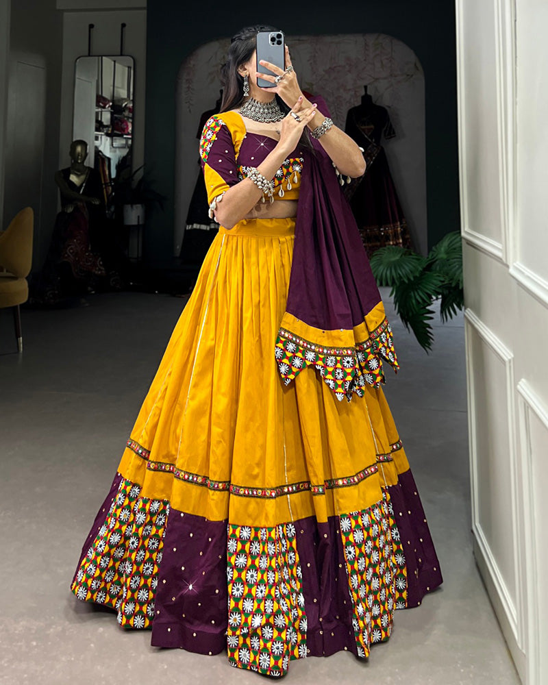 Mustard Color Cotton Gamthi Navratri Lehenga Choli