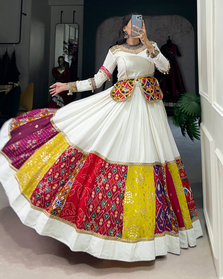 Multi White Color Rayon Gamthi Work Navratri Lehenga Choli