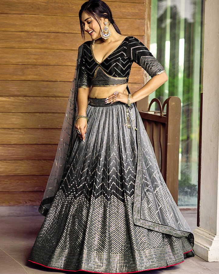 Black Color Chinon Sequence Embroidered Lehenga Choli