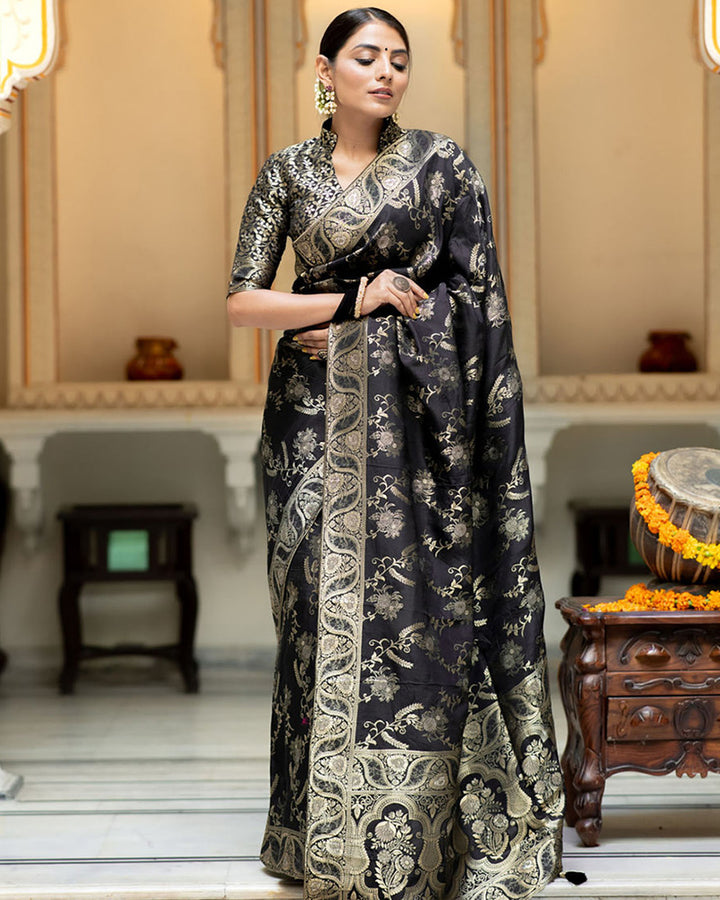 Designer Black Color Jacquard Weaving Banarasi Silk Saree