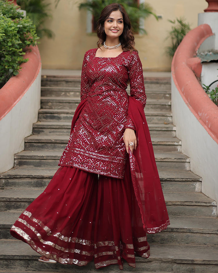 Maroon Color Faux Georgette Three Piece Plazzo Suit