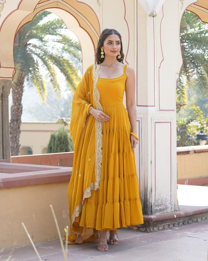 Yellow Color Georgette Frill Gown With Embroidered Dupatta