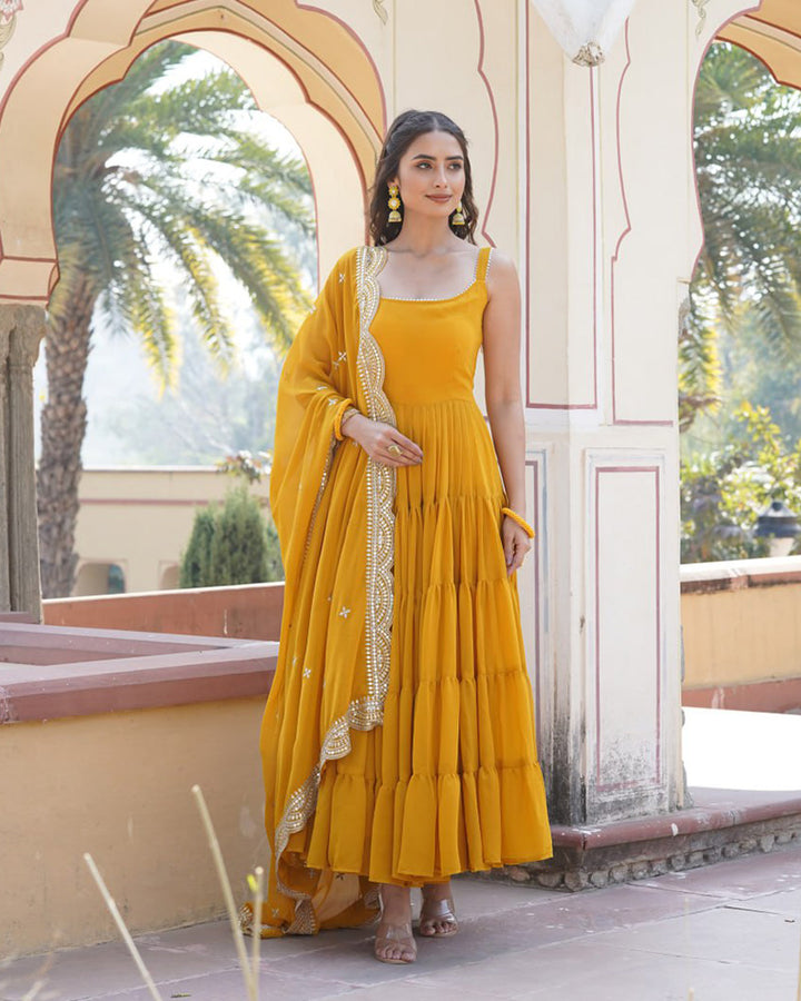 Yellow Color Georgette Frill Gown With Embroidered Dupatta